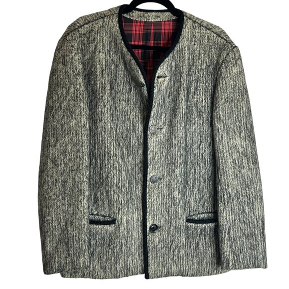 Vintage Fuzzy Wool Cardigan Coat Plaid Lined Boxy Jacket Water Resistant Sz L - Picture 1 of 8